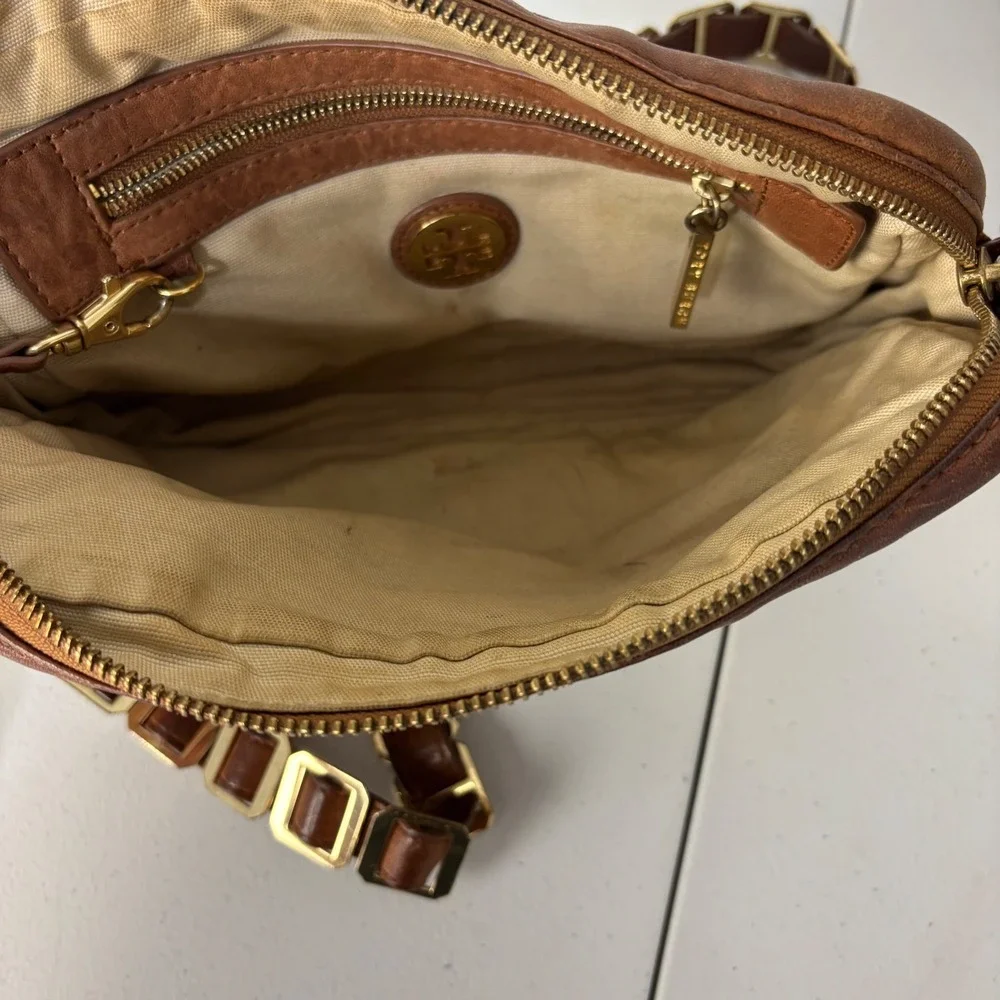 Vtg Tory Burch Amanda Brown Distressed Leather Crossbody Bag Zip Top Chain Strap